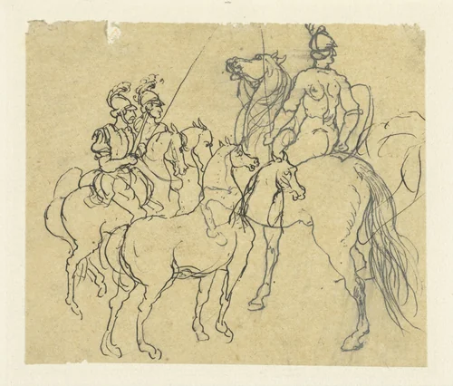 Studieblaadje met ruiters en paarden by Rodolphe Bresdin, drawing, 1832-1885