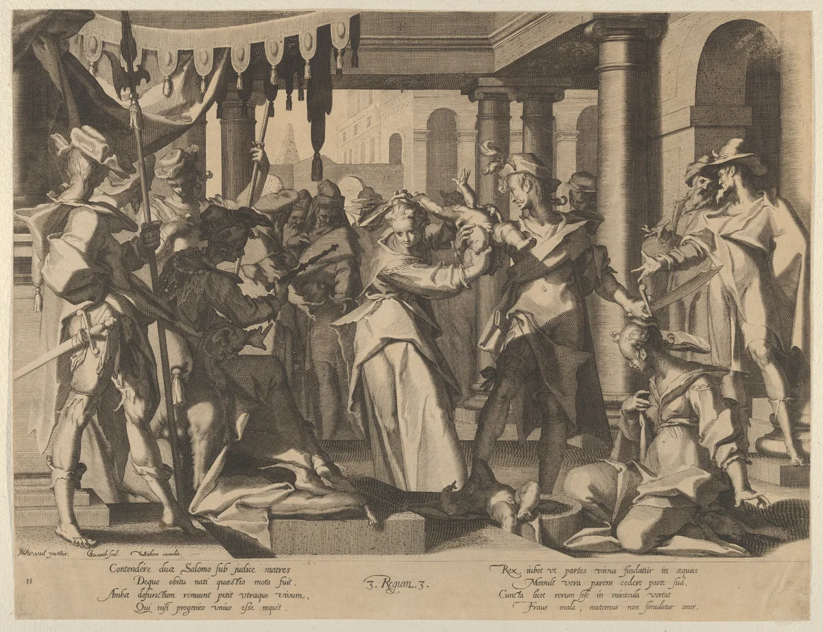 Judgment of Solomon, plate 2 from "Thronus Justitiae, tredecim pulcherrimus tabulis..." by Willem van Swanenburg, print, 1605-1606