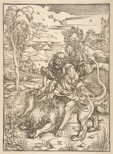 Samson Rending the Lion by Albrecht Dürer, print, 1497-1498