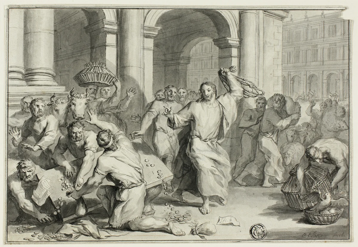 Christ Driving the Money-Changers from the Temple by Ottmar Elliger, drawing, 1686-1735