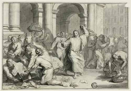 Christ Driving the Money-Changers from the Temple by Ottmar Elliger, drawing, 1686-1735