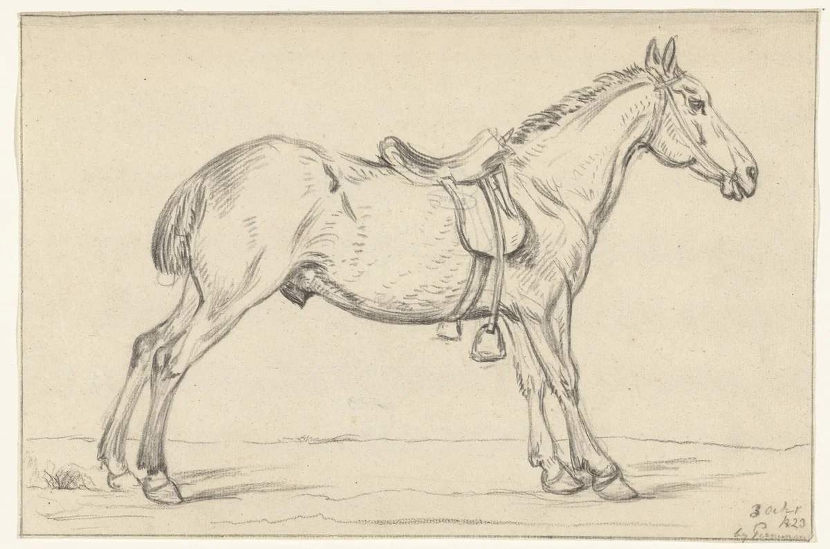 Gezadeld paard, naar rechts by Jean Bernard, drawing, 1823