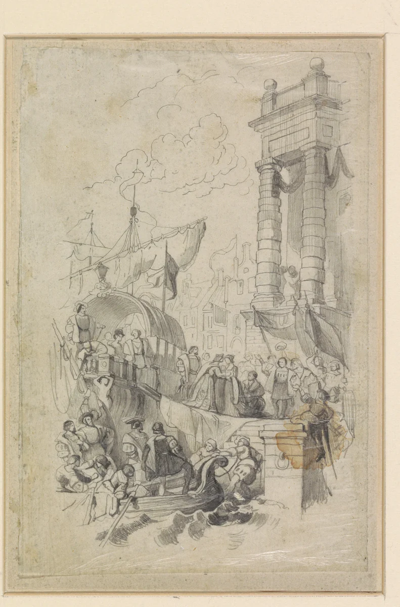 Aankomst of vertrek van vorstelijke personages bij een kade by anonymous, drawing, 1800-1900