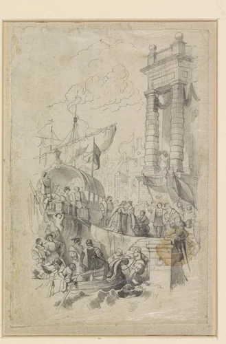 Aankomst of vertrek van vorstelijke personages bij een kade by anonymous, drawing, 1800-1900