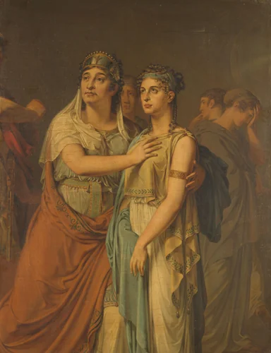 De actrices Joanna Cornelia Ziesenis-Wattier (1762-1827) en Geertruida Jacoba Grevelink-Hilverdink (1786-1827) in Iphigenia (1674) van Jean Racine (1639-99) by Louis Moritz, painting, 1800-1813