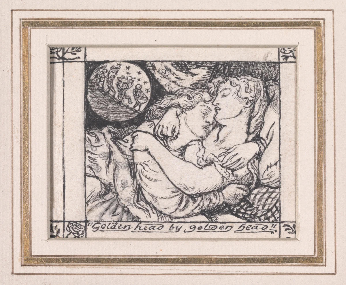 Golden head by golden head, for "The Goblin Market" by Dante Gabriel Rossetti, drawing, 1861
