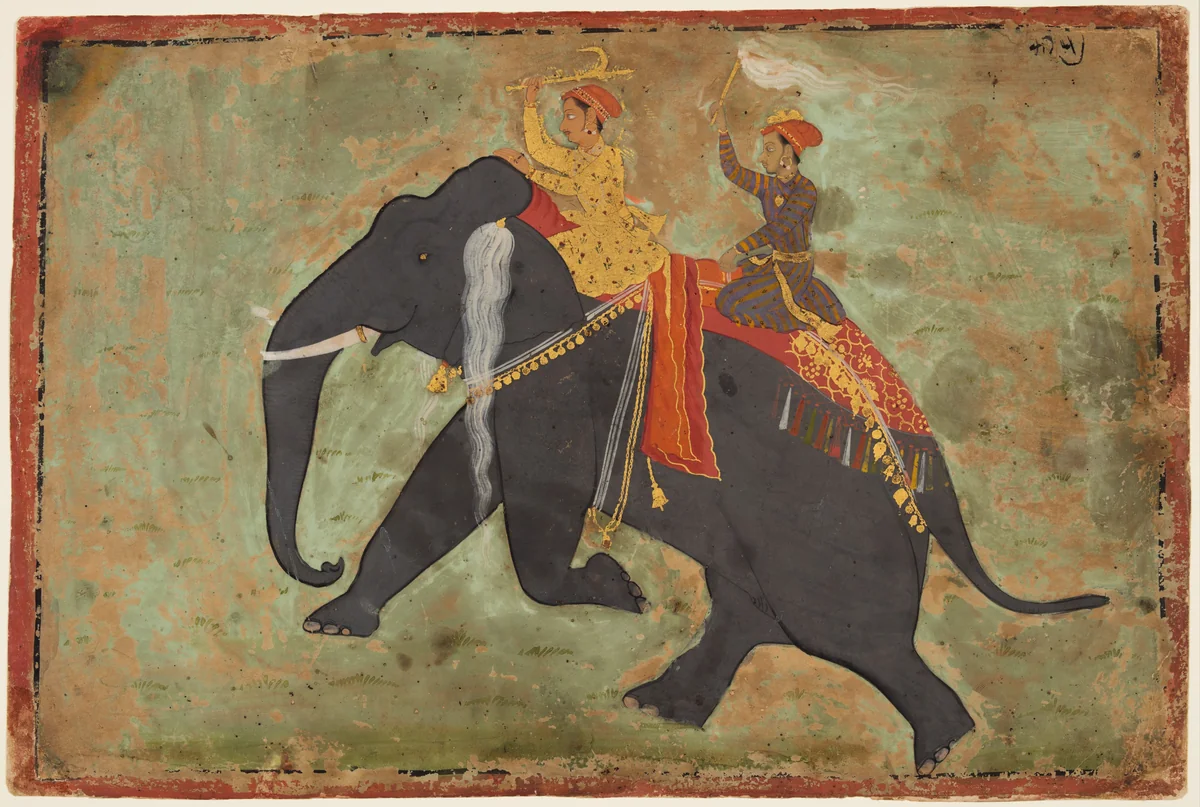 Prince Amar Singh (1672–1710) Drives His Own Elephant by Mewar Stipple Master, painting, 1685-1705