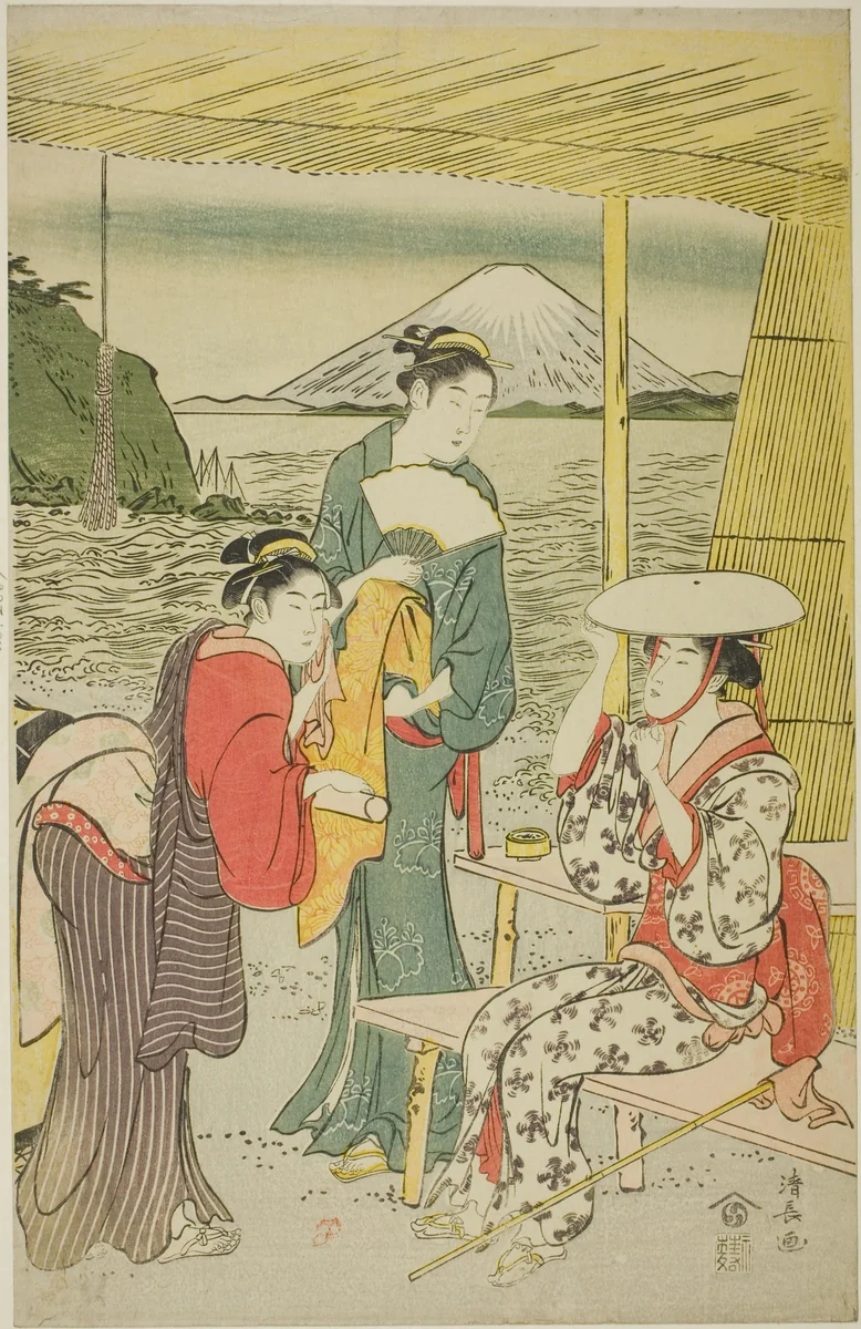 Visitors to Enoshima by Torii Kiyonaga (鳥居清長), print, 1784-1894