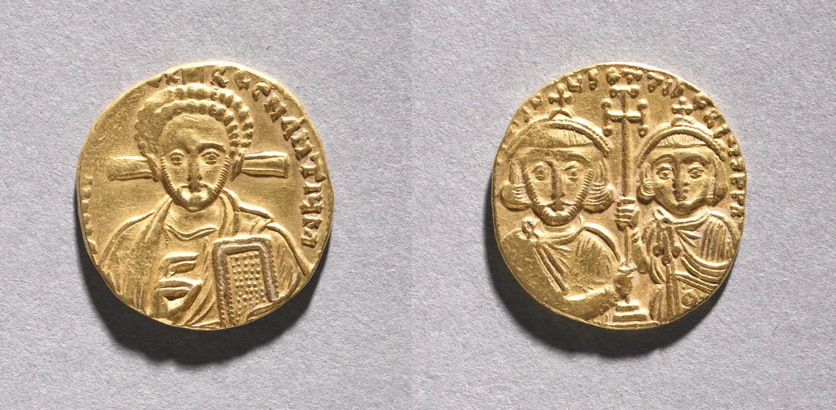 Solidus with Justinian II Rhinometus and His Son Tiberius by Unknown, metalwork, 705-711