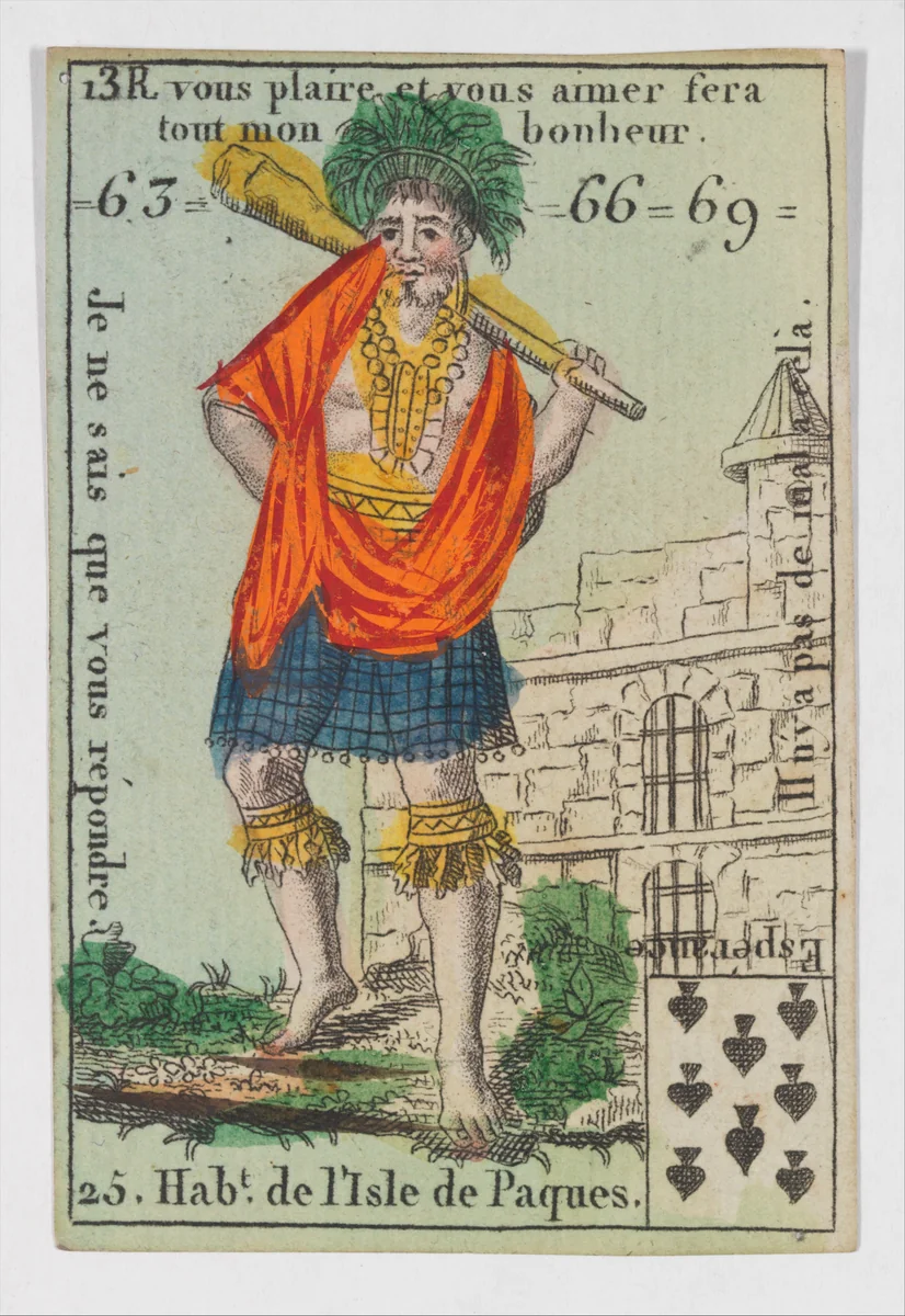 Hab.t de l'Isle de Paques, from the playing cards (for quartets) "Costumes des Peuples Étrangers" by anonymous, print, 1700-1799