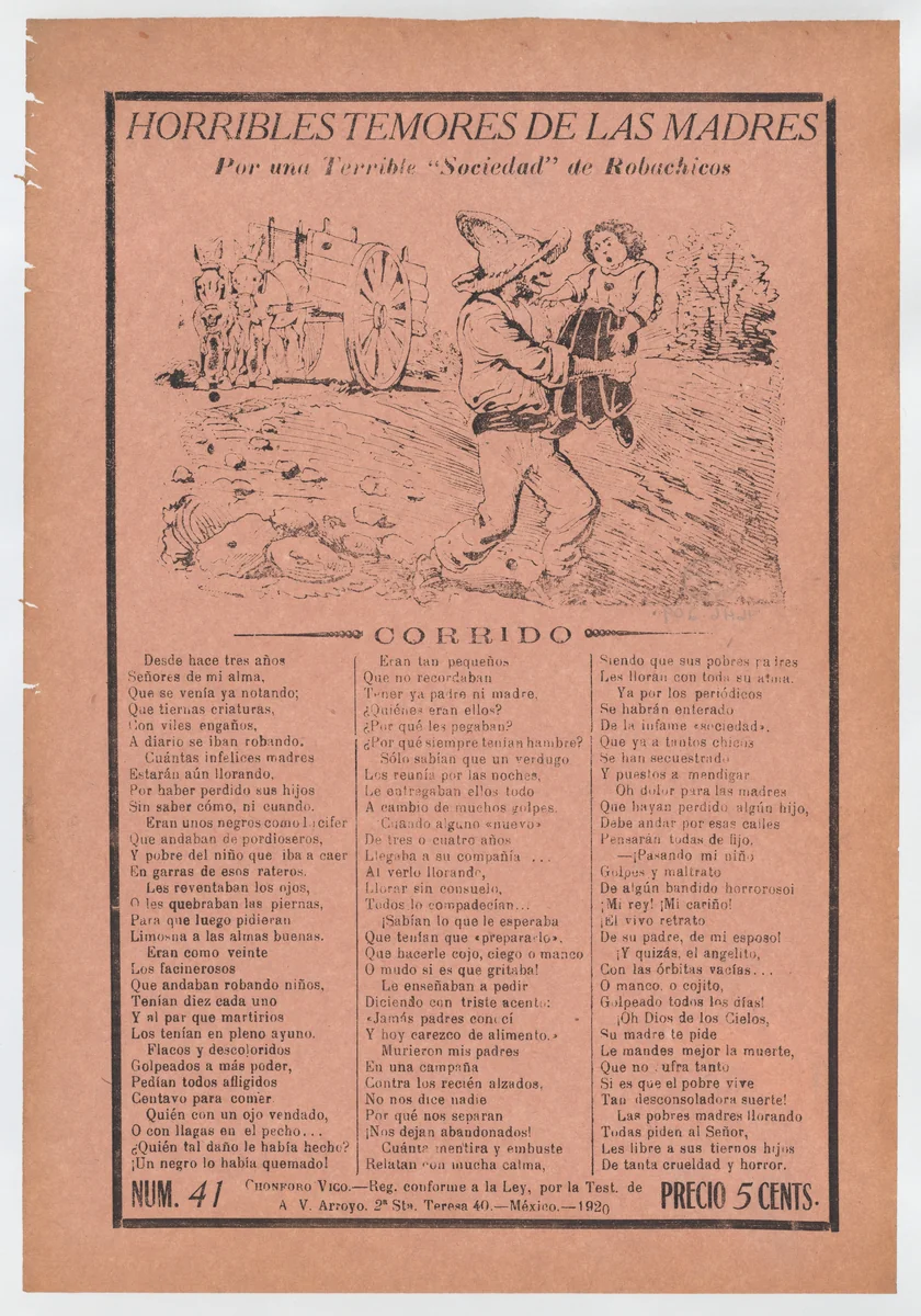 Broadsheet relating to a fear of kidnappers, a kidnapper grabbing a child in a field while a horse carriage waits in the background by José Guadalupe Posada, print, 1915-1925