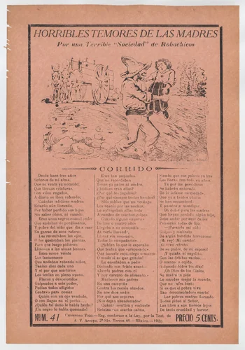 Broadsheet relating to a fear of kidnappers, a kidnapper grabbing a child in a field while a horse carriage waits in the background by José Guadalupe Posada, print, 1915-1925