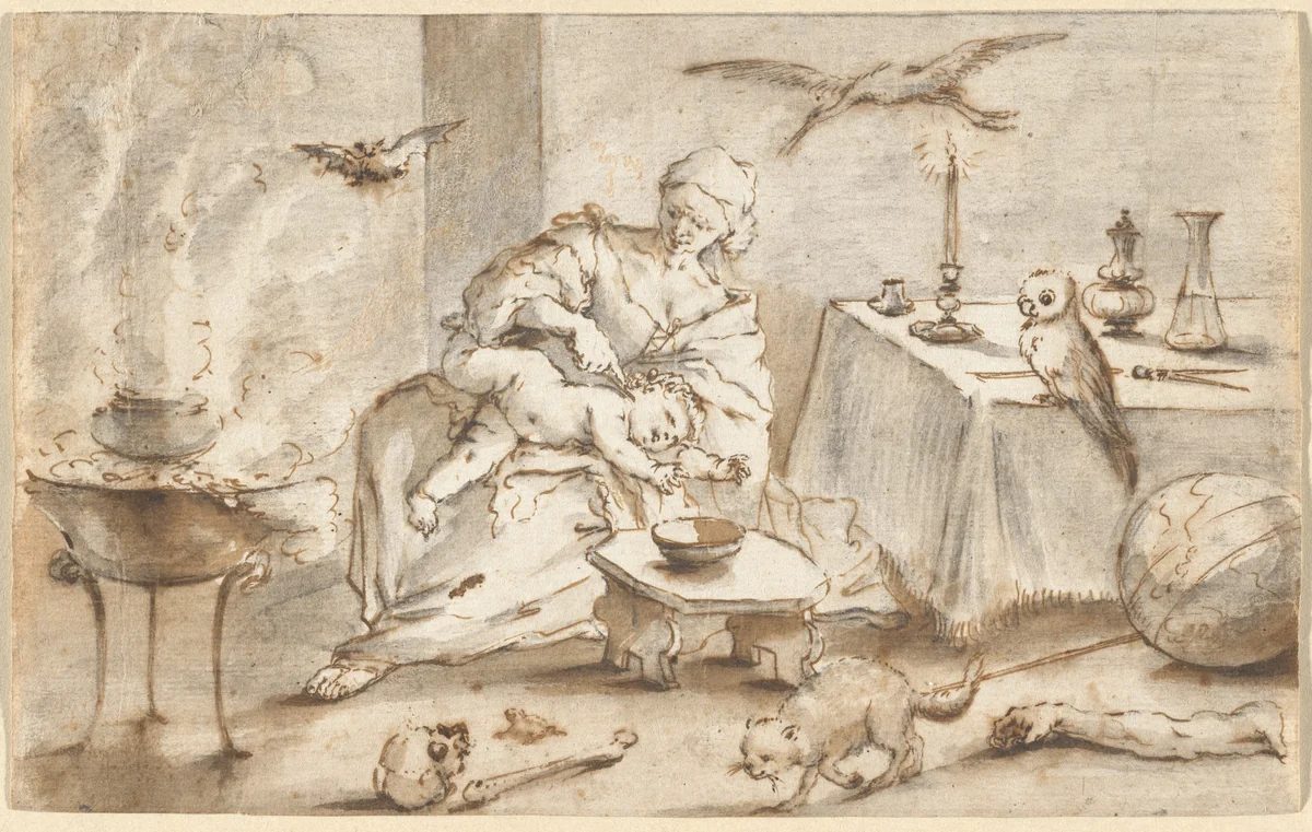 Scene of Witchcraft by Domenico Guidobono, drawing, 1690-1700
