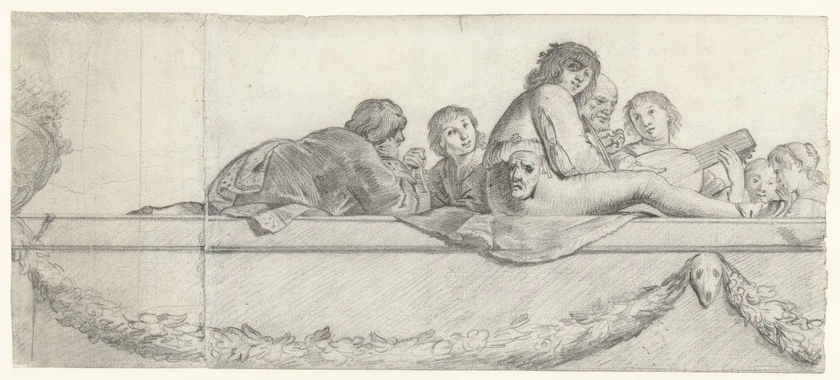 Personen op een balustrade met festoenen by Cornelis Holsteyn, drawing, 1633-1638