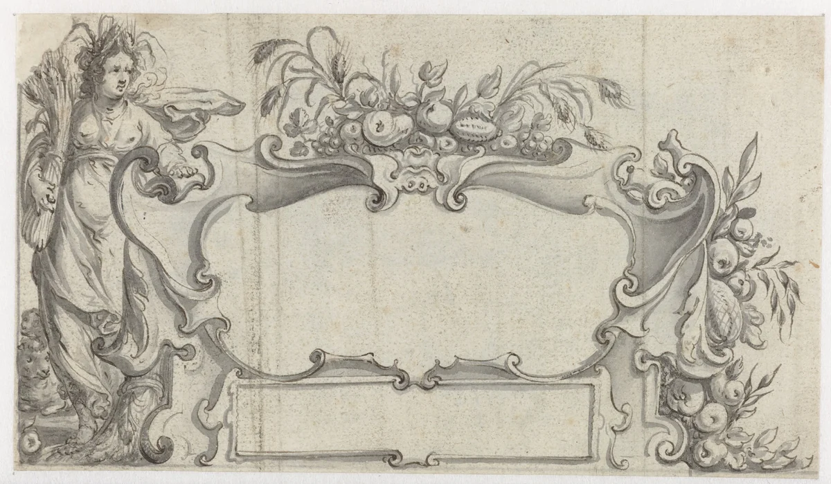 Cartouche omgeven door gewassen en een vrouw by Pieter Jansz, drawing, 1640-1645