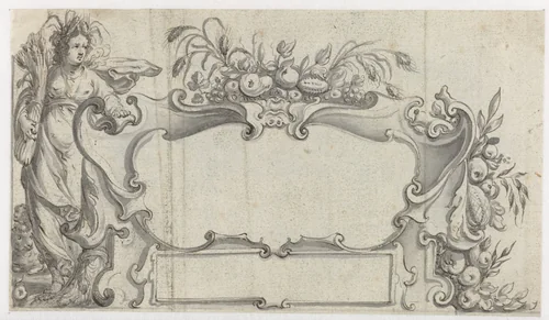 Cartouche omgeven door gewassen en een vrouw by Pieter Jansz, drawing, 1640-1645