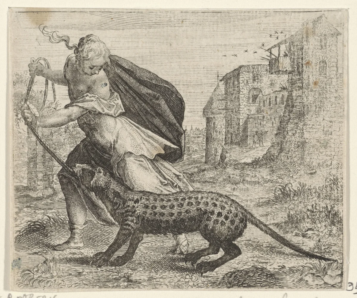 Fabel van de vrouw met een civetkat by Aegidius Sadeler, print, 1608