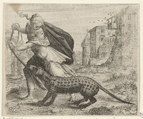 Fabel van de vrouw met een civetkat by Aegidius Sadeler, print, 1608