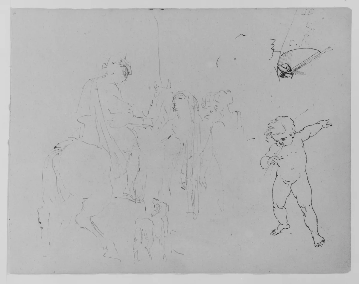 Standing Woman; Child Leaning by a Fishbowl; Weeping Putto; Mounted Soldier; Kicking Horse and Fallen Rider; Half-length Seated Figure; Rowboat (from Sketchbook) by Thomas Sully, artwork, 1810-1820