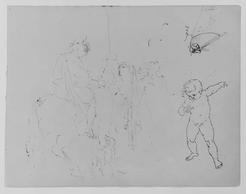 Standing Woman; Child Leaning by a Fishbowl; Weeping Putto; Mounted Soldier; Kicking Horse and Fallen Rider; Half-length Seated Figure; Rowboat (from Sketchbook) by Thomas Sully, artwork, 1810-1820
