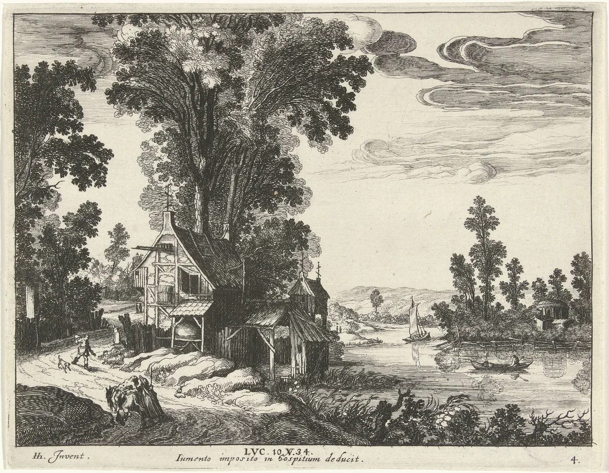 Samaritaan brengt een gewonde man naar een herberg by Simon Frisius, print, 1597-1649