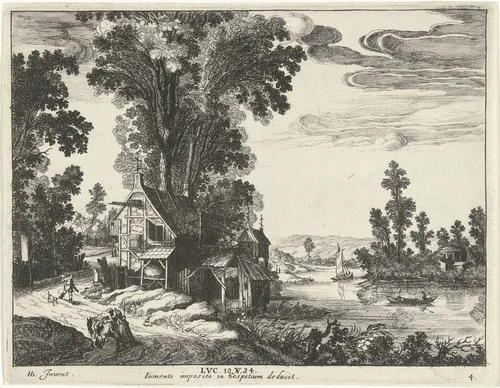 Samaritaan brengt een gewonde man naar een herberg by Simon Frisius, print, 1597-1649