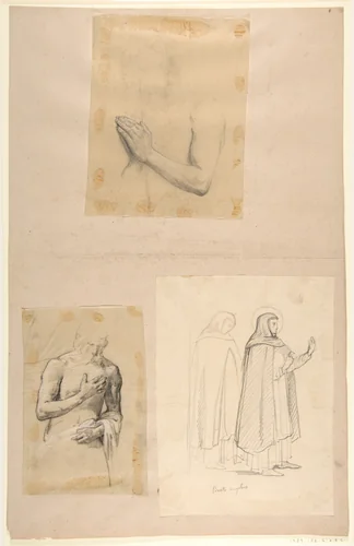 a. Study for Clovis (middle register); b. Study for Clovis (middle register); c. St. Dominic and another Friar, after Fra Angelico; (studies for wall paintings in the Chapel of Saint Remi, Sainte-Clotilde, Paris, 1858) by Isidore Pils, drawing, 1820-1875