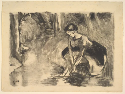 A Young Woman Washing Her Feet at the Edge of a Stream by Camille Pissarro, print, 1889-1900