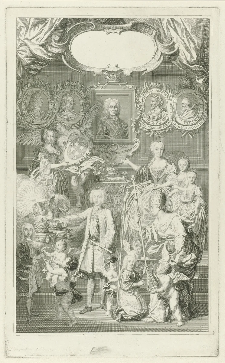 Ferdinand VI als opvolger van Filips V ten midden van zijn familie by Pieter Tanjé, print, 1739