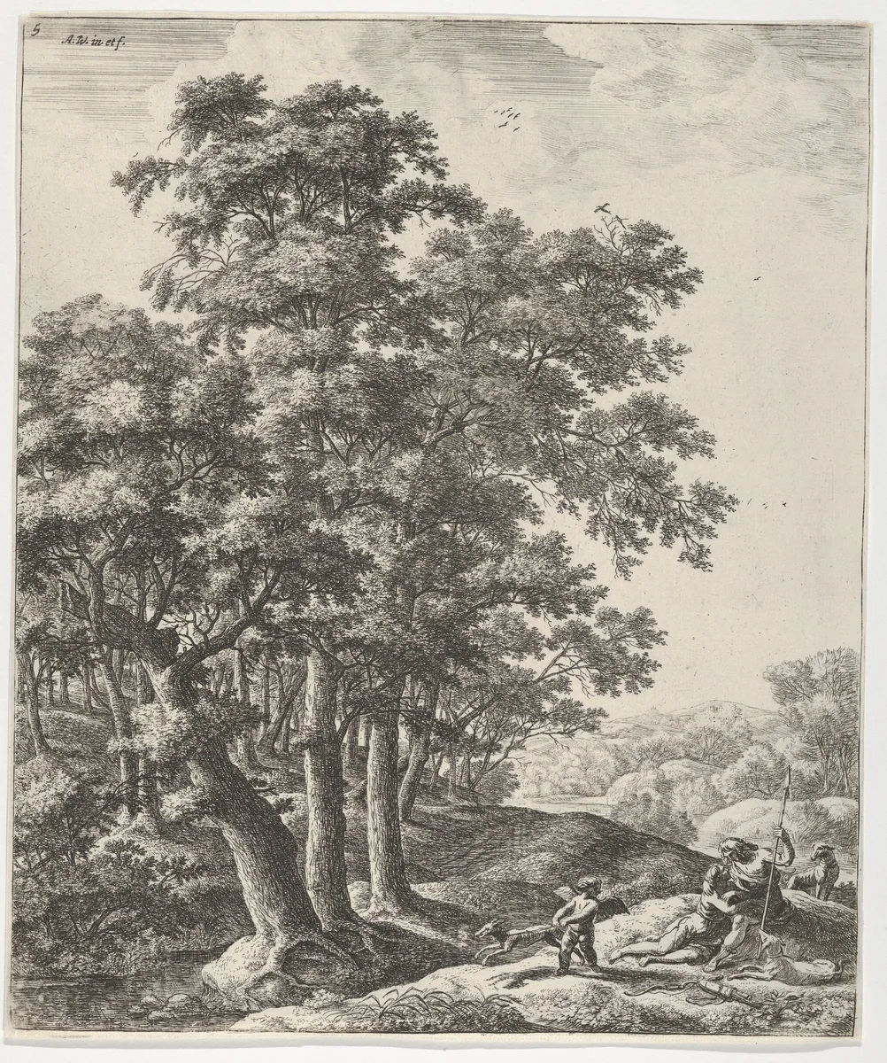 Landscape with Venus and Adonis, from the Series of Six Mythological Scenes by Anthonie Waterloo, print, 1600-1699
