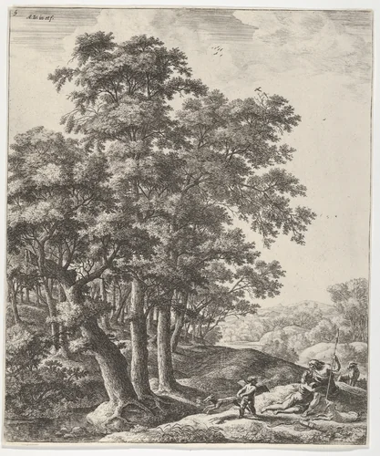 Landscape with Venus and Adonis, from the Series of Six Mythological Scenes by Anthonie Waterloo, print, 1600-1699