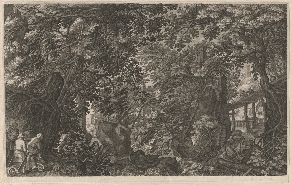 Hunters in a Forest near a Wooden Bridge by Aegidius Sadeler II; Pieter Stevens, print, 1600-1615