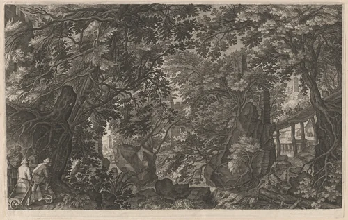 Hunters in a Forest near a Wooden Bridge by Aegidius Sadeler II; Pieter Stevens, print, 1600-1615