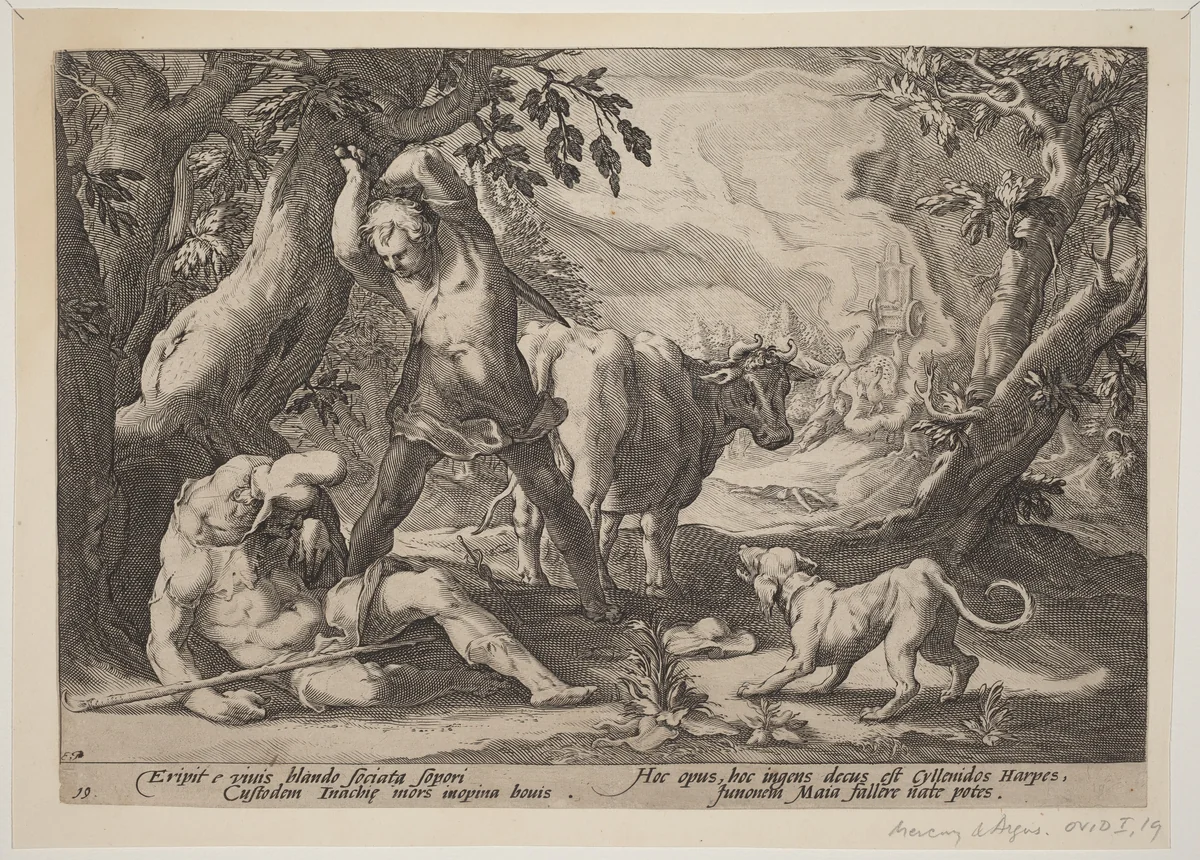 Landscape with Mercury Raising His Sword to Kill a Sleeping Argus by Hendrick Goltzius, print, 1589