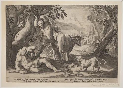 Landscape with Mercury Raising His Sword to Kill a Sleeping Argus by Hendrick Goltzius, print, 1589