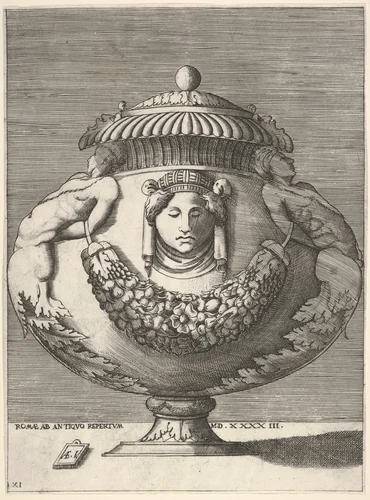 Antique Lidded Urn with Hybrid Male Sphinxes and a Female Mask on the Body, from "Vases after the Antique" by Enea Vico, print, 1543