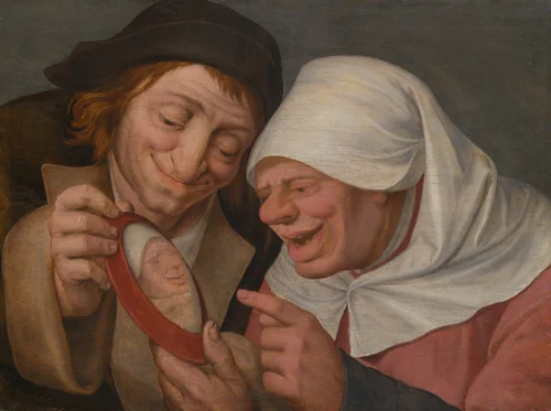 Two Peasants Looking at a Mirror by Jan Massys, painting, 1545-1555