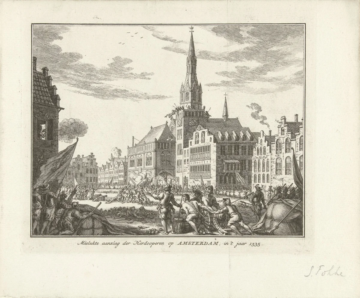 Mislukte aanslag van de wederdopers te Amsterdam, 1535 by Simon Fokke, print, 1751-1781