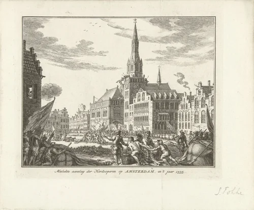 Mislukte aanslag van de wederdopers te Amsterdam, 1535 by Simon Fokke, print, 1751-1781