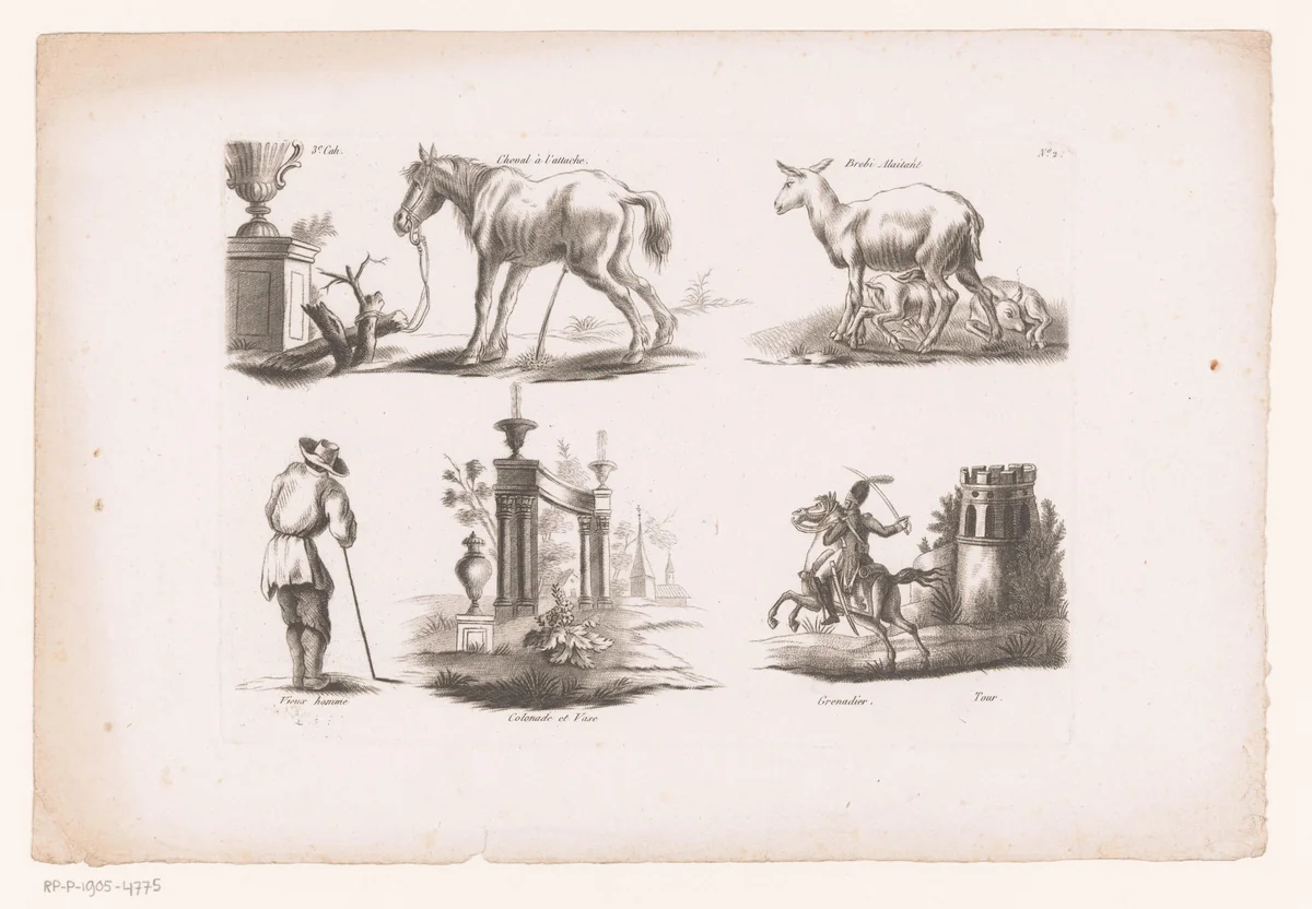 Vijf verschillende voorstellingen waaronder een schaap en een soldaat by Perrot, print, 1784-1796