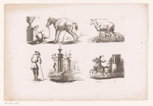 Vijf verschillende voorstellingen waaronder een schaap en een soldaat by Perrot, print, 1784-1796