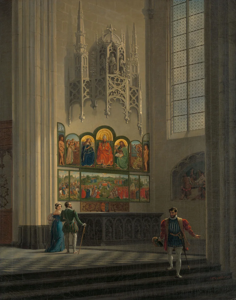 The Ghent Altarpiece by the van Eyck Brothers in St Bavo Cathedral in Ghent by Pierre François De Noter, painting, 1829