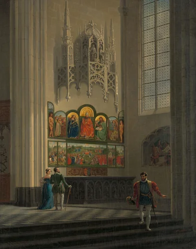 The Ghent Altarpiece by the van Eyck Brothers in St Bavo Cathedral in Ghent by Pierre François De Noter, painting, 1829