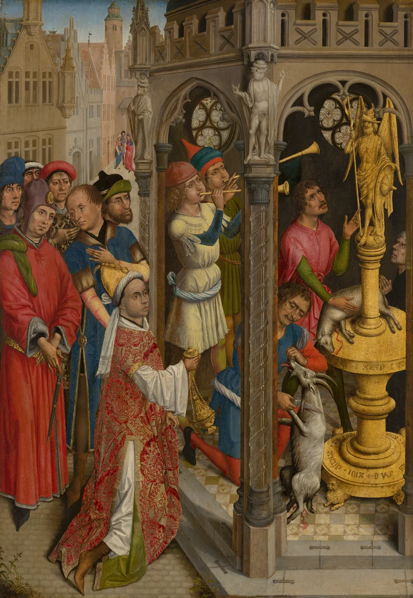 St Augustine Sacrificing to a Manichaean Idol (?) by Rogier van der Weyden, painting, 1480