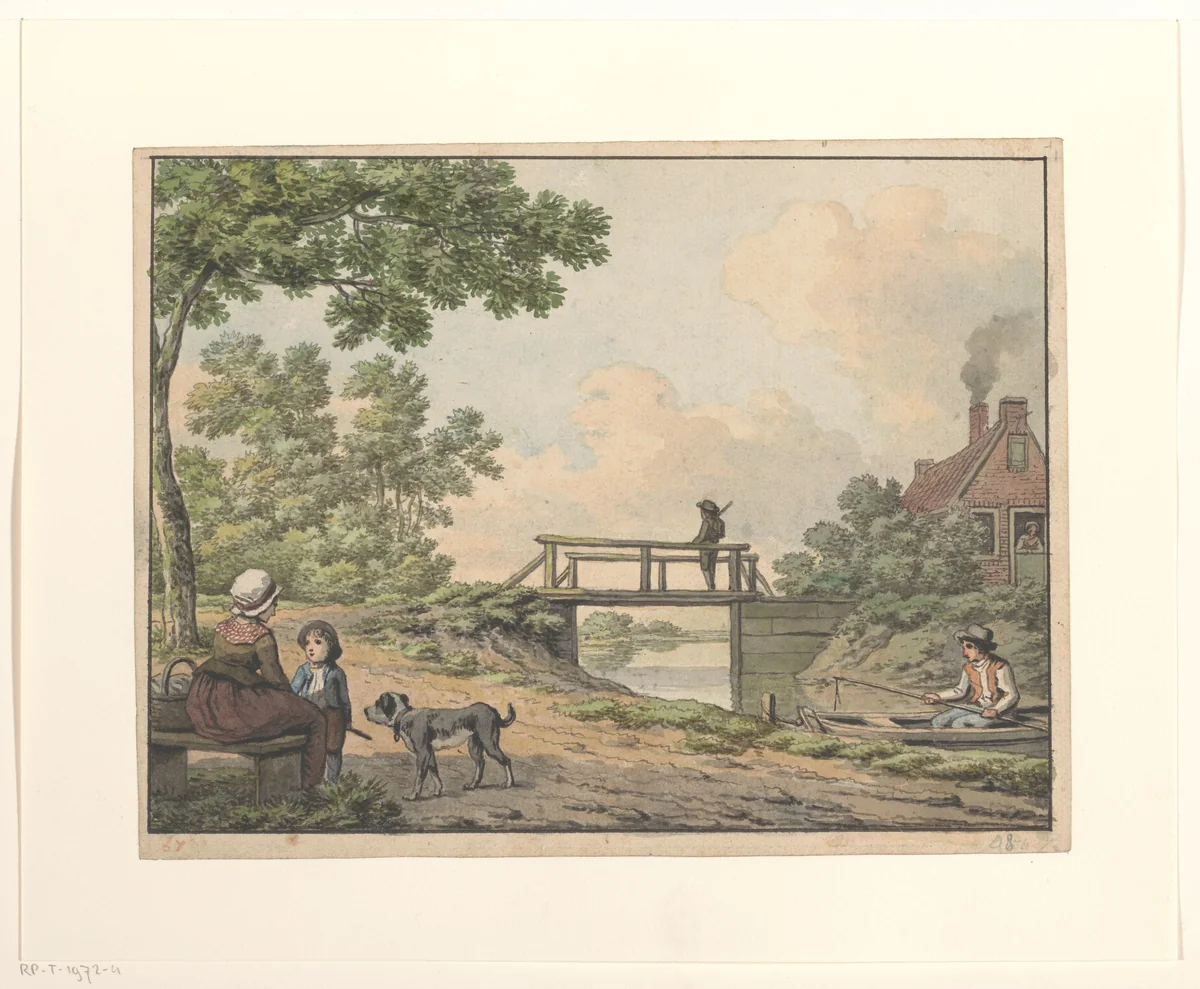 Landschap met figuren en een bruggetje bij een boerenwoning by Anthony Andriessen, drawing, 1756-1813