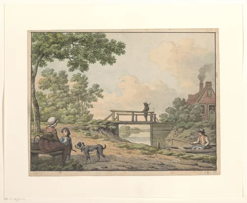 Landschap met figuren en een bruggetje bij een boerenwoning by Anthony Andriessen, drawing, 1756-1813