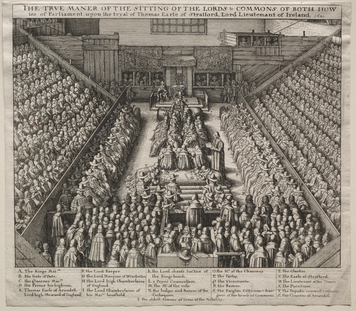 Westminster Hall, Interior, with The Trial of the Earl of Strafford by Wenceslaus Hollar, print, 1641
