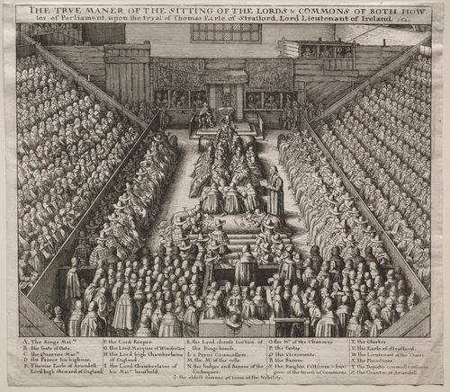 Westminster Hall, Interior, with The Trial of the Earl of Strafford by Wenceslaus Hollar, print, 1641