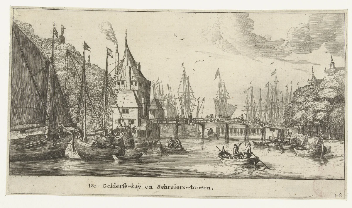 Gezicht op de Geldersekade en Schreierstoren te Amsterdam by Reinier Nooms, print, 1652-1654