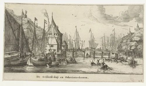 Gezicht op de Geldersekade en Schreierstoren te Amsterdam by Reinier Nooms, print, 1652-1654